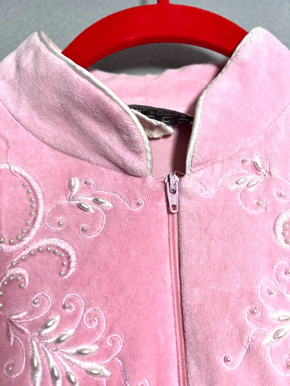 Vintage Robes of California Small  Pink Velour House Dress Embroidered 1/2 Zip